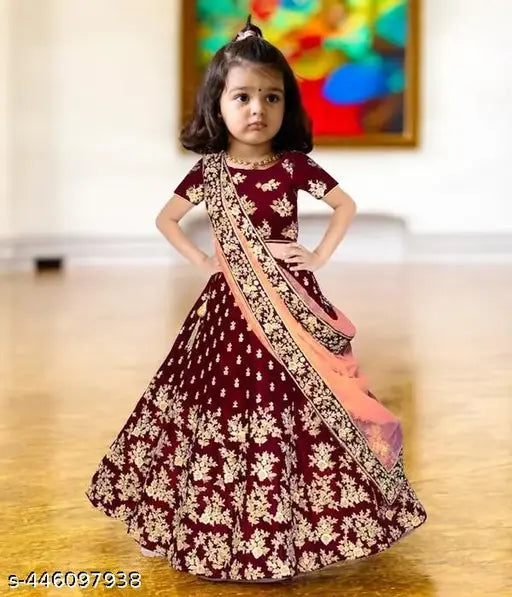 Embroidered taffeta silk lehenga choli with net dupatta for girls aged 0-15 years, Indian traditional clothing on display