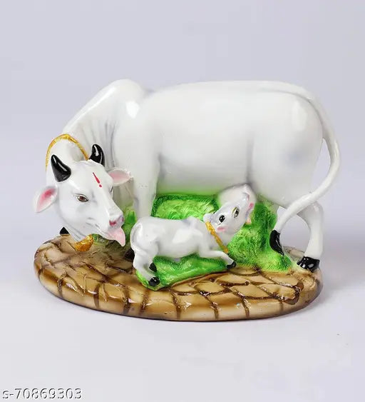 White resin cow and calf idol, decorative bird & animal showpiece from Art Handicraftgiftgallery