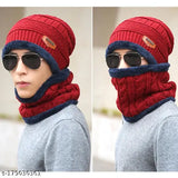 Winter woolen cap combo pack of 2: Soft feel textured knit beanie hats with neck warmers, ultra soft unisex and machine knitted in India