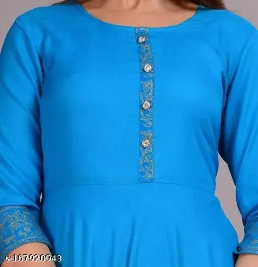 Blue rayon Anarkali kurtis, three-quarter sleeves, solid combo. Smooth and comfortable fabric, trendy and modern dress for M (36in/48in), L (38in/48in), XL (40in/48in), XXL (42in/48in). India-made