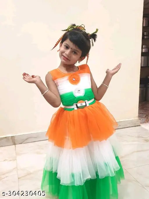 Three-color net frock, colorblocked and sleeveless, India's Independence Day special