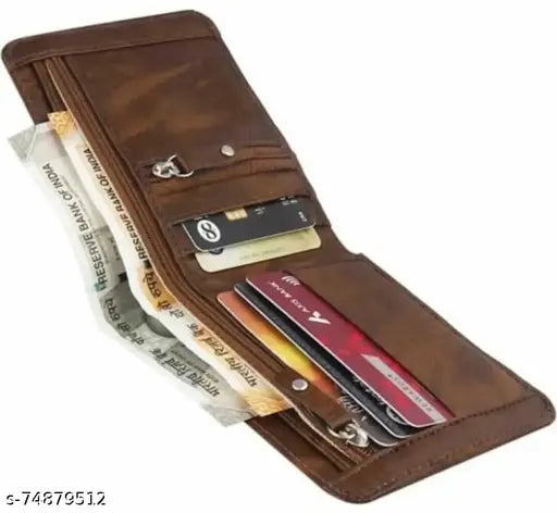 Stylish brown PU wallet, 3 compartments, 5 card slots, coin pocket. Free size (10x2 cm), classic design for daily use