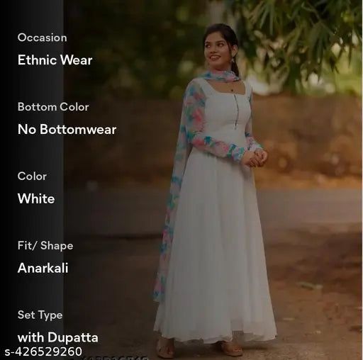 Georgette long-sleeved white dress, solid pattern, Indian-made fashion for women's wardrobe