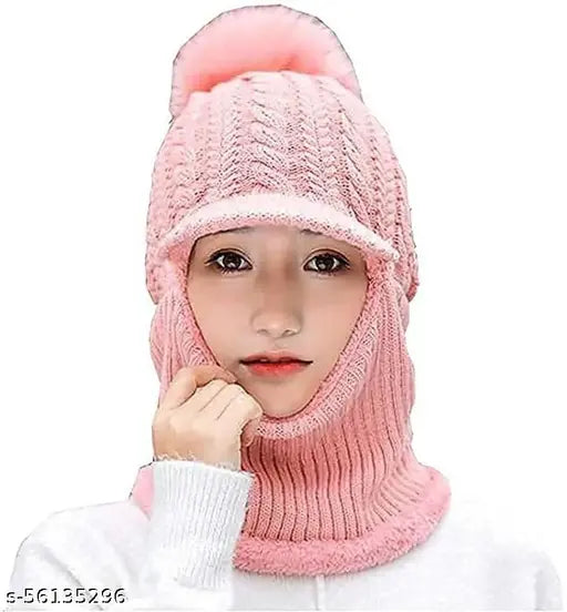 Wool beanie - CAT PICK CAP GIRL, warm winter hat with attached neck cover and mask, Indian-origin
