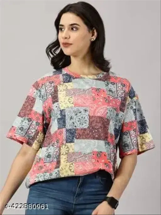 Multicolored cotton-blend short sleeve printed t-shirt for women, featuring drop shoulders and trendy design