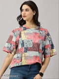 Multicolored cotton-blend short sleeve printed t-shirt for women, featuring drop shoulders and trendy design