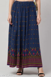 Stylish rayon A-line skirt with printed net pattern, elastic waistband and tie knot for perfect fitting, ideal for casual and evening wear, size 26/25in x 36in (India)