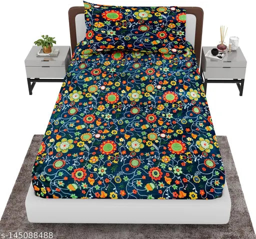 Blue floral cotton single flat bedsheet - superfine, 100 thread count, ideal for summer adult use
