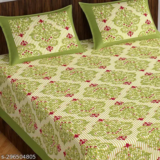 Queen-size Jaipuri cotton double bedsheet, 2 pillow covers, hand-printed in vibrant colors, India