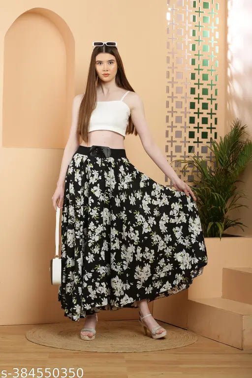 Black Neoen floral print crepe skirt, size 28 (waist 34", length 35")