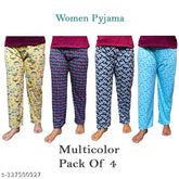 Multicolor cotton blend maxi pyjama set (4 pack), cozy loungewear for women - Franscart's Fancy print design on full length track pants
