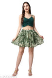 Green chiffon floral mini skirt, printed with vibrant flowers, soft and comfortable for women's fashion. Chiffon, flared, above knee style. Available sizes: 26 (waist 26in, hip 36in), 28 (waist 28in, hip 38in), 30 (waist 30in, hip 40in), 32 (waist 32in, hip 42in), 34 (waist 34in, hip 44in). Origin: India