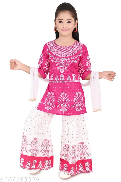 Musklyn Fashion Girls Ethni Rayon Printed Kurta Palazzo Set with Dupatta, suitable for all-seasons festivals. Three-quarter sleeve peplum top and sharara bottom, mix-and-match with other wardrobe items. Indian origin, designed for 2-3 Years to 5-6 Years
