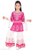 Musklyn Fashion Girls Ethni Rayon Printed Kurta Palazzo Set with Dupatta, suitable for all-seasons festivals. Three-quarter sleeve peplum top and sharara bottom, mix-and-match with other wardrobe items. Indian origin, designed for 2-3 Years to 5-6 Years