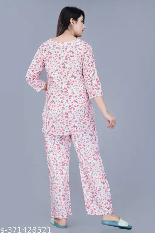 TFP4037PINK: Rayon pyjamas set, V-cut notched collar, printed in natural colours by Indian artisans, premium quality, half sleeve, suitable for day/night wear