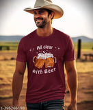 Cool Maroon Super Soft Chapter 83 T-shirt, printed with 'All CLEAR with BEER' quote on short sleeves, breathable 100% cotton