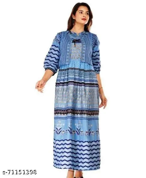 Plus size rayon slub long anarkali kurti with jacket, printed and available in multiple sizes for women, India-origin fashion statement