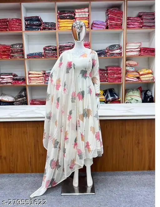 White faux Georgette printed dress with dupatta, full lining, for women. Size S (36in bust, 47in length), country of origin: India