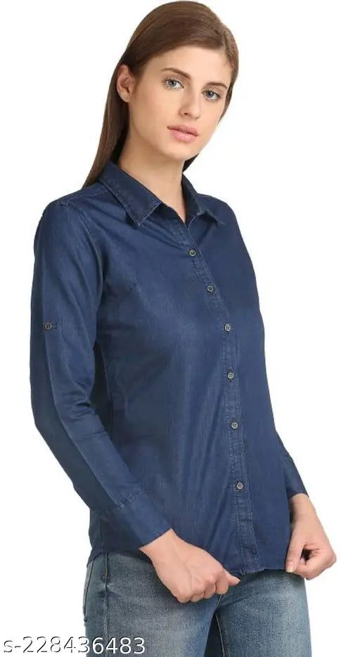 Designer denim shirt and rayon top combo by Wingzss, premium quality solid color long-sleeve attire for women's casual wear, Indian origin