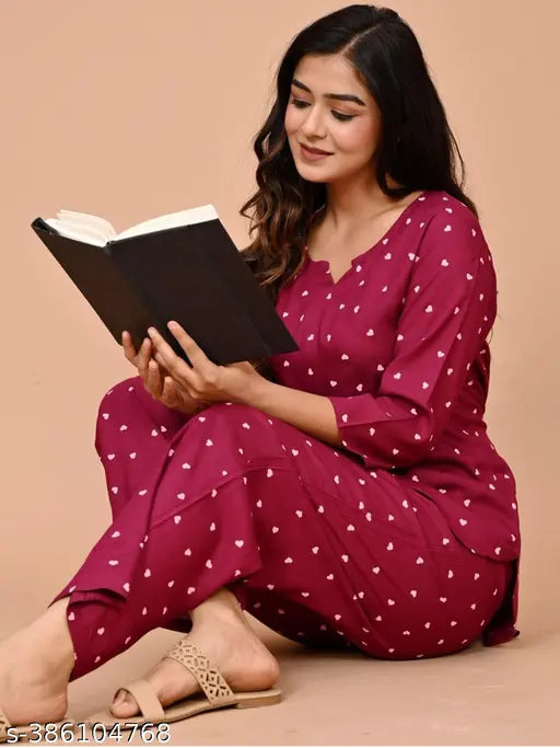 Maroon rayon printed night suit top and plazzo set, viscose and rayon fabrics, three-quarter sleeves, maroon color, Indian origin