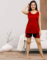 Red satin nightwear top & shorts set, sleeveless, solid pattern, one size fits most (Indian made)
