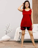 Red satin nightwear top & shorts set, sleeveless, solid pattern, one size fits most (Indian made)
