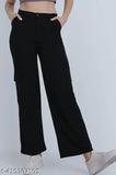Women's solid Lycra cargo trousers, straight fit and available in sizes 26, 28, 30, 32 (waist 26/28/30/32, length 36/37/38/39, hip 38/40/42/44), made in India