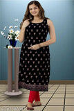 Rayon printed sleeveless kurti for women, Indian style fashion on mannequin