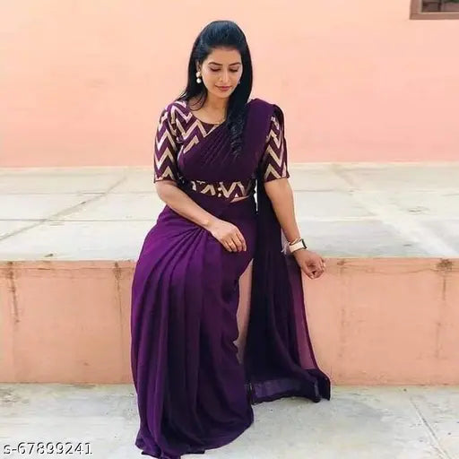 Krishna Purple SF Georgette saree with stitched blouse, solid pattern and zari woven net detail, free size from India (saree length 5.5m, blouse length 0.8m)