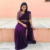 Krishna Purple SF Georgette saree with stitched blouse, solid pattern and zari woven net detail, free size from India (saree length 5.5m, blouse length 0.8m)
