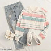 Korean multi-color striped Lycra long-sleeve polo shirt in pastel tones on hanger, featuring button-up front and cuffed sleeves