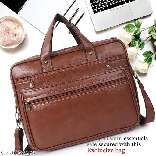 Brown leatherette and canvas briefcase, perfect fit for 15.6" laptops, featuring multiple accessory pockets #BrownLeatherBriefcase #LaptopBag #ProfessionalStyle #OfficeEssentials #IndiaMade