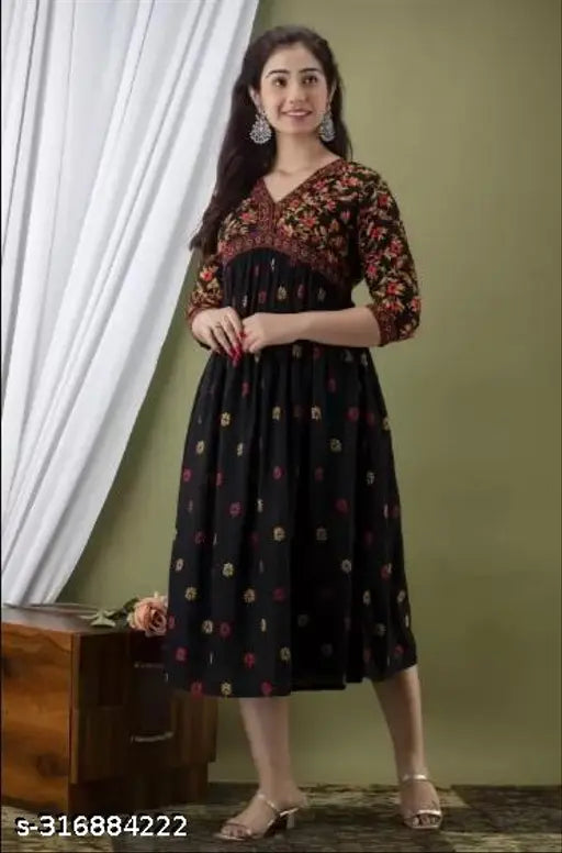 Rayon black floral printed Anarkali kurti, trendy and stylish for women's ethnic wear parties