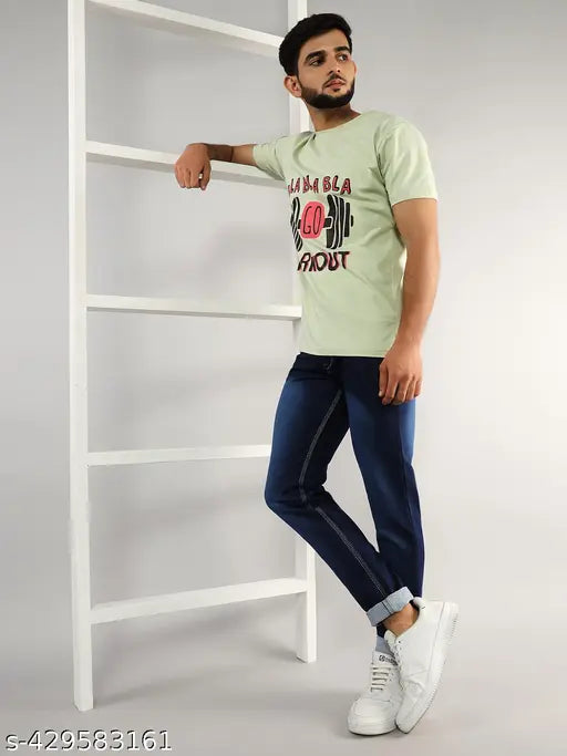 Blue color denim jeans for men, dyed/washed pattern. Premium fit, versatile and stylish. Sizes include 28, 30, 32, 34, 36 (W28 H28 L42 / W30 H30 L42 / W32 H32 L42 / W34 H34 L42 / W36 H36 L42) Made in India