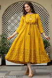 Mustard cotton three-quarter sleeve Dori gown, solid mustard with embroidery yoke neck and golden gota lace, suitable for regular, festival, or casual party wear, ethnic Indian gown, heavy quality full washable