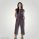 Short-sleeved printed net crepe jumpsuits for women & girls, vibrant Indian design