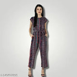 Short-sleeved printed net crepe jumpsuits for women & girls, vibrant Indian design