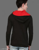 Black cotton hooded neck full sleeve T-shirt, Eyebogler men's solid design, fashionable for casual wear (S: 37in chest, 26.5in length; L: 41in chest, 27.5in length; XXL: 45in chest, 28.5in length)