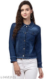 Solid denim women's jacket, latest style with long sleeves. Size S (bust 34in, length 21in), made in India