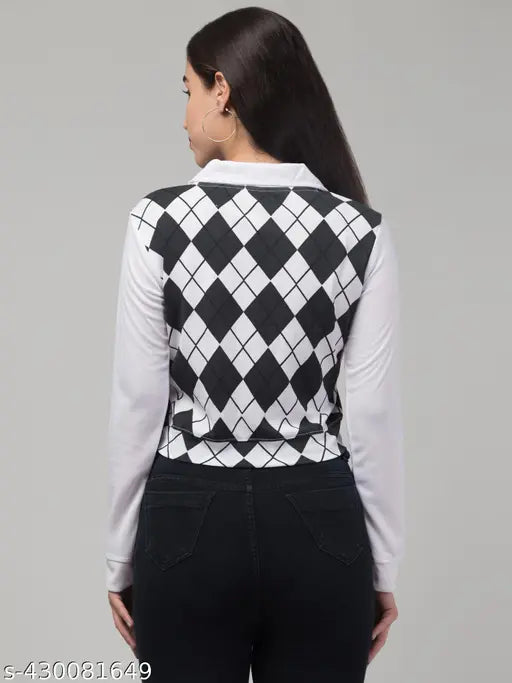 Collar neck full sleeve cotton-blend checked print women's t-shirt, long sleeves, India-origin