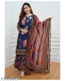 Viscose embroidered Keitra Festival Kurta set with matching sharara and dupatta, three-quarter sleeves, printed design on display