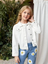 Trendy denim full sleeve solid wash kids jacket for girls, white, 5-6 years size with a bust size of 28 inches and length size of 16 inches
