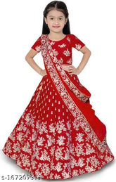 Red silk lehenga choli with embroidered patterns, short sleeves, net dupatta. Indian traditional kids' wear