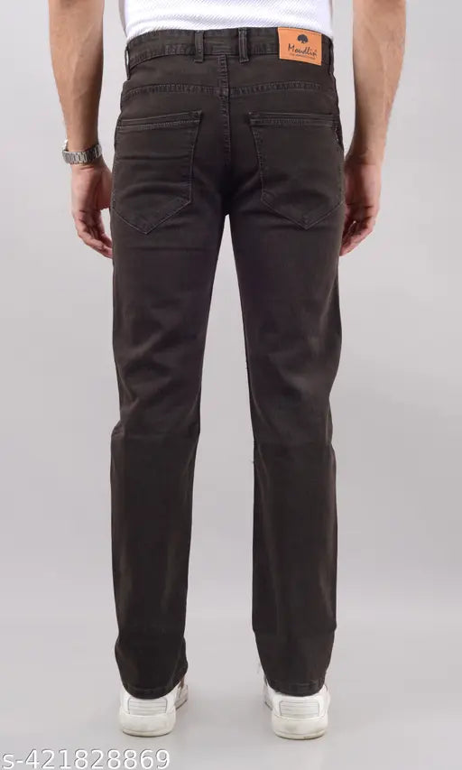 Brown stretchable denim jeans for men, solid pattern, versatile and stylish, size 42 (waist 42in, length 41in, hip 47in) from India