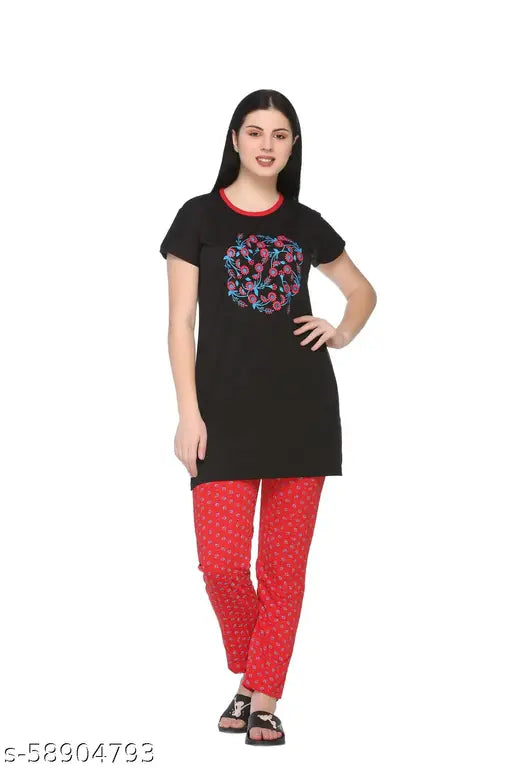 Soft, pill-resistant cotton women's nightwear top and bottom set, printed with attractive design, short sleeves and thigh-length t-shirt style top, matching print bottom with pockets and elastic/drawstring closure - Indian made
