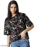 Lycra short-sleeve printed women's t-shirt, available in S, M, L, XL, XXL. Indian-made garment on hanger