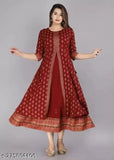 Rayon printed party wear gown kurta for women, three-quarter sleeves, zari woven, single, sizes S-XXXL. Indian ethnic fashion