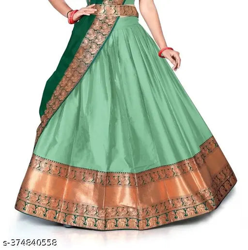 South Indian traditional flared bridal lehenga Choli in Art Silk, unstitched and paired with Zari-patterned bottomwear and topwear. Solid, shiny base fabric with litchi silk filling. Accessorize for a stunning look. Original images, dry clean only