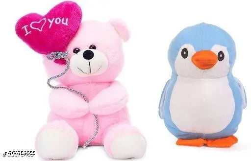 Multi-colored stuffed animals set featuring an "I love you" balloon and a penguin, suitable for toddlers aged 0-2 years