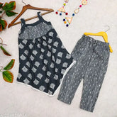 Printed cotton A-line kurta pant set for toddler girls, ethnically inspired and comfortable, available in multiple sizes from 4-5 years to 13-14 years. Made in India